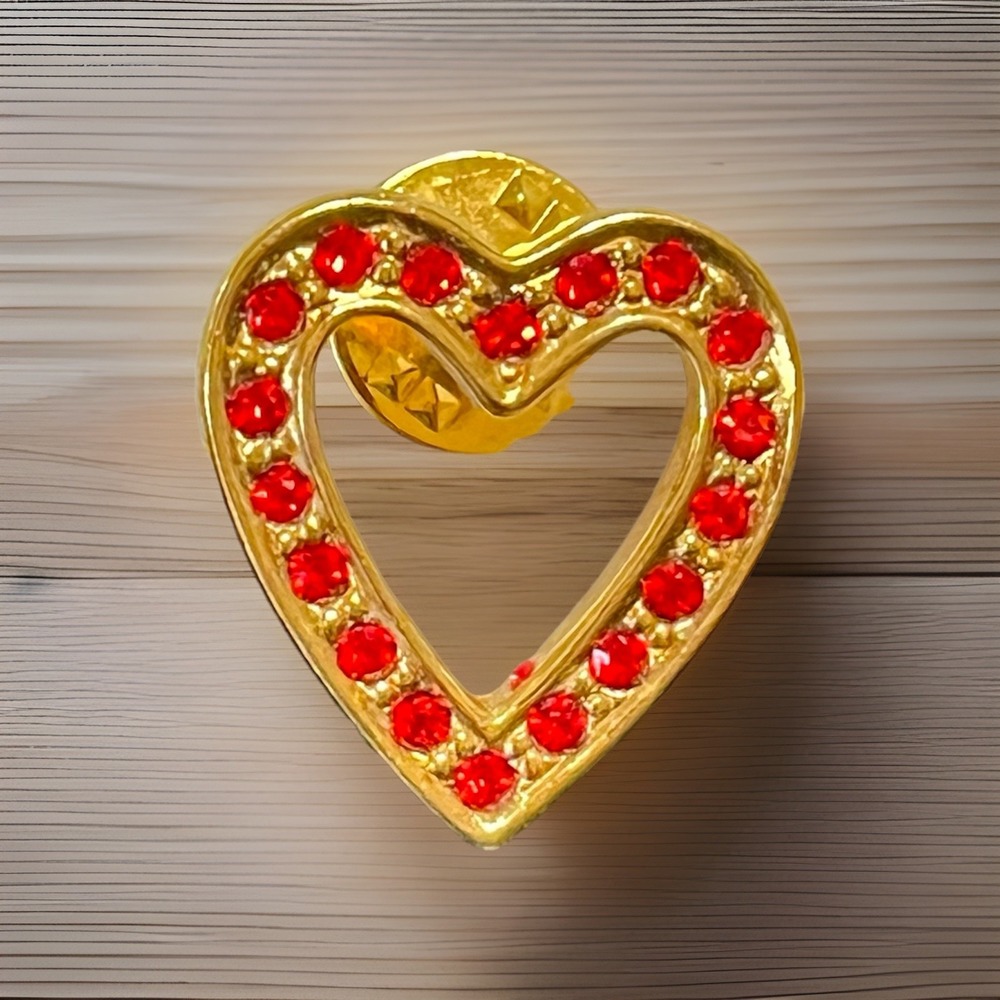 Vintage Gold Tone Heart Pin Brooch Signed AVON Red Rhinestones 1" Lapel Lanyard